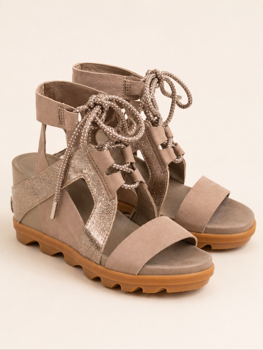 Sorel Joanie II Ankle Lace Wedge Sandals Ash Brown Metallic Leather Size 8.5